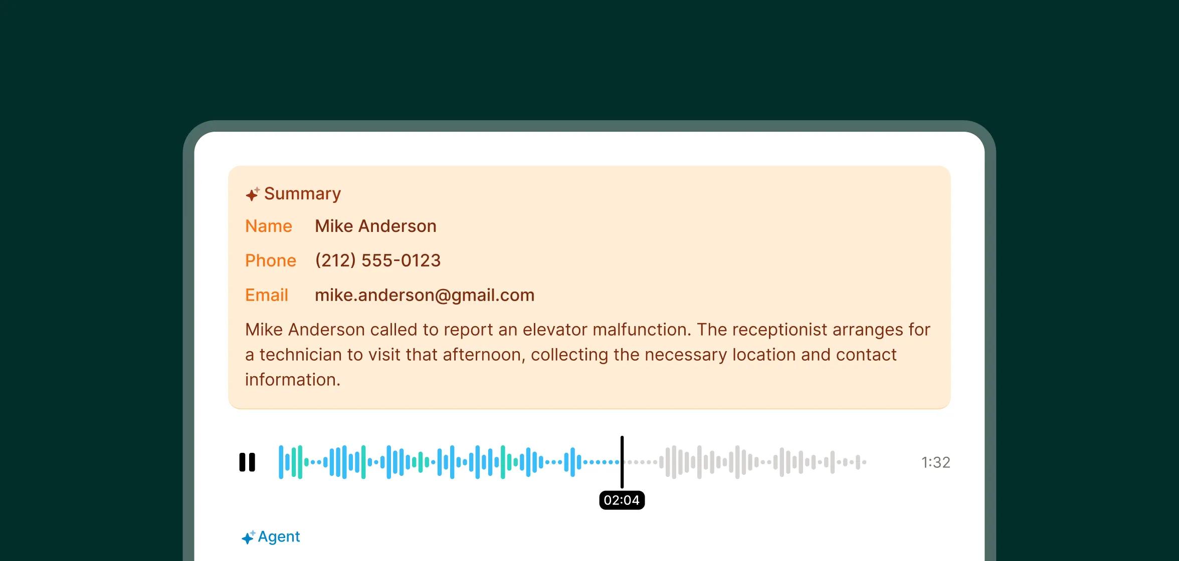 Call summary and audio playback from an answering service for glass repair describing a customer’s cracked window issue and scheduled repair.