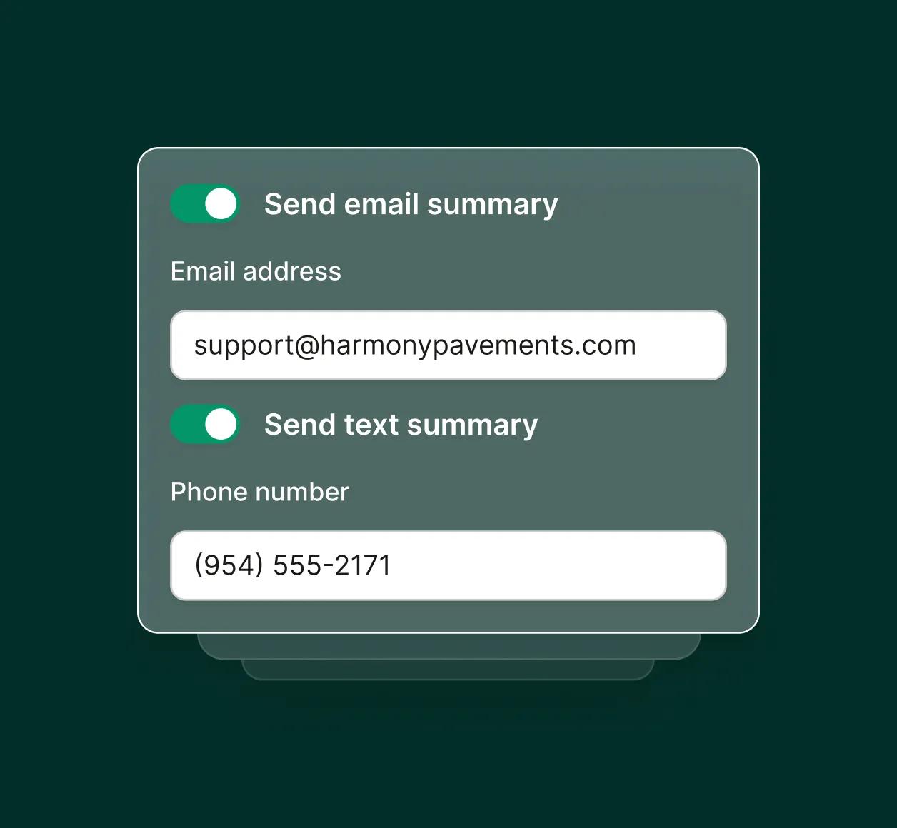 Notification settings panel for sending email and SMS summaries to paving contractors after calls for a paving contractors answering service..