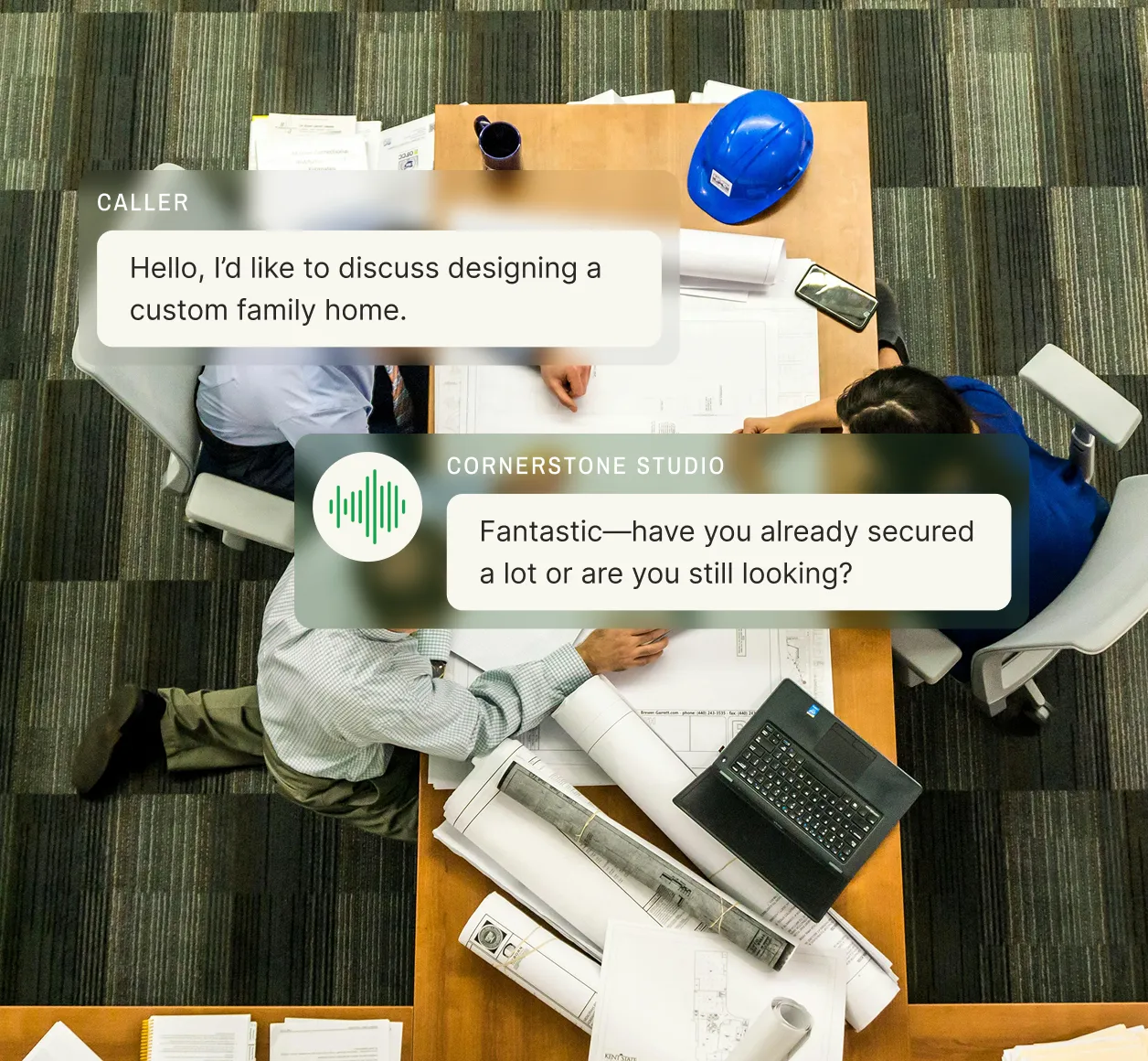 Aerial view of architects around a table with overlaid chat bubbles showing an architect answering service handling a custom family home inquiry.