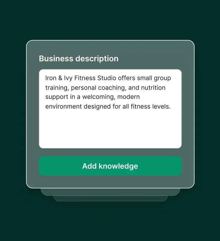Example of adding business details for a gym answering service including a description of training services and fitness offerings.