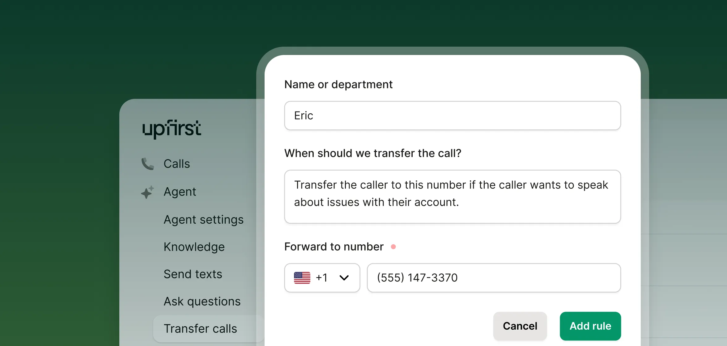 Call transfer rule setup for a real estate agent, showing how to forward tour requests or property inquiries to a mobile number.