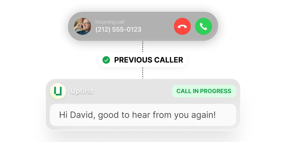 Image showing caller being recognized by AI receptionist and greeted by first name.