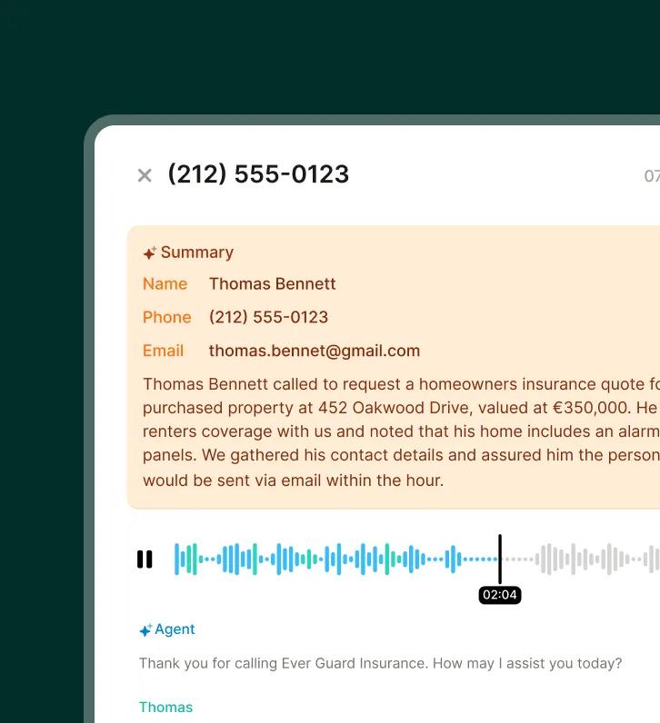 A call transcription and summary interface for an answering service for insurance displaying customer details, a written summary, and an audio waveform.