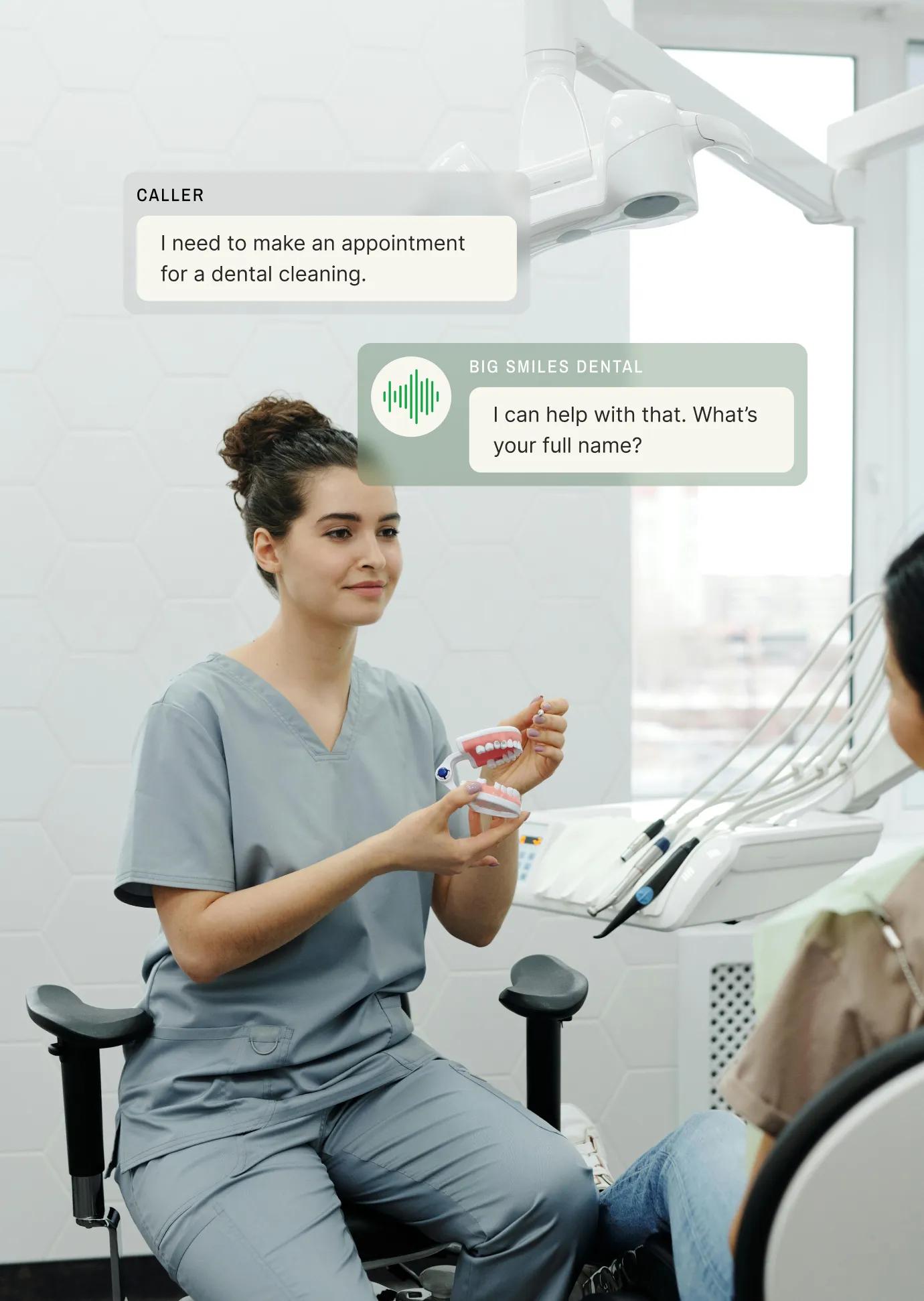 Dental staff member demonstrating proper dental hygiene while responding to a patient's request for a cleaning appointment through a virtual answering service