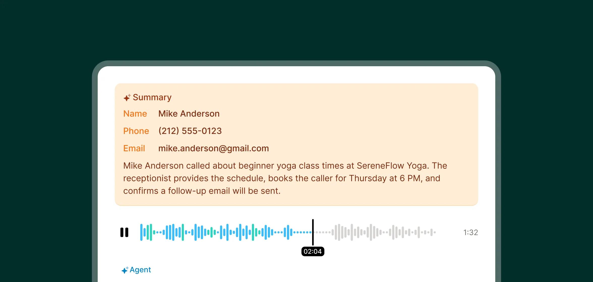 AI receptionist for yoga studio call recording with complete summary of class booking and follow-up details.