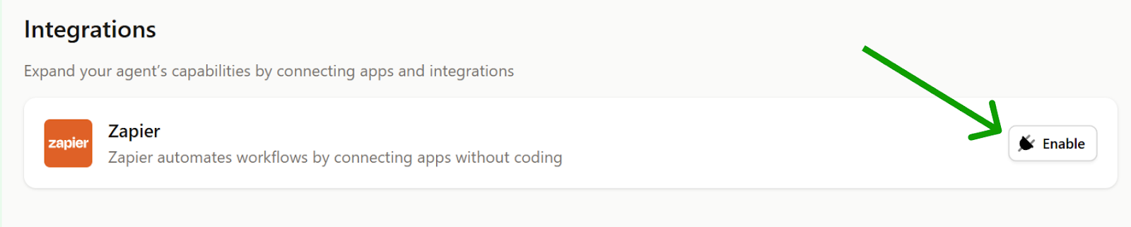 An integrations settings page with a prominent “Enable” button for Zapier to automate phone calls with AI and Zapier.