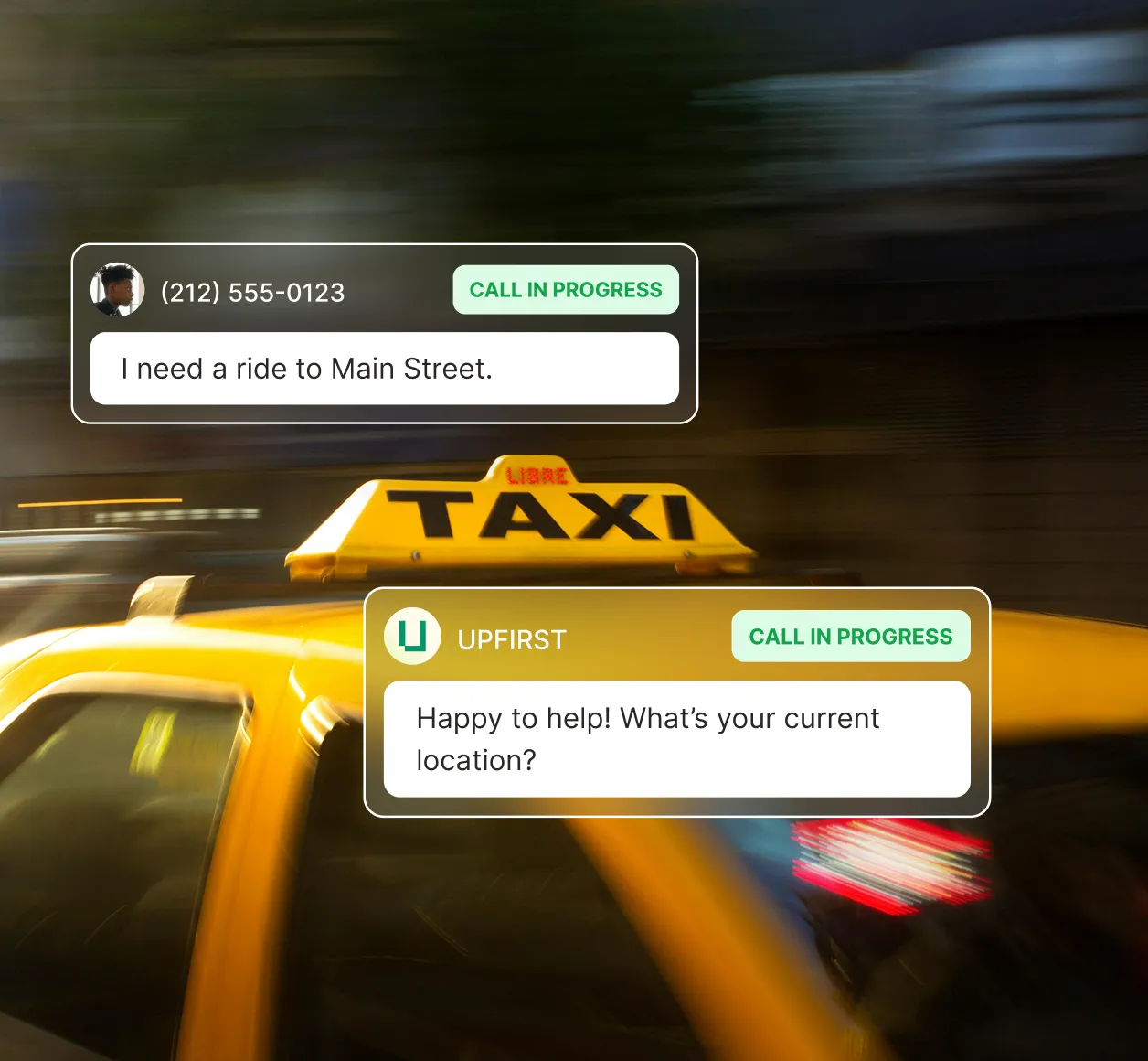 A caller requests a ride to Main Street and the transportation answering service replies by asking for their current location.