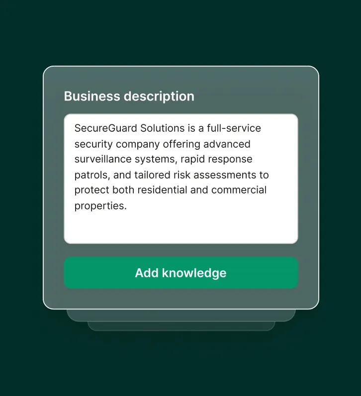 A software interface displays a security firm's business details and an option to add knowledge, representing a security answering service platform.
