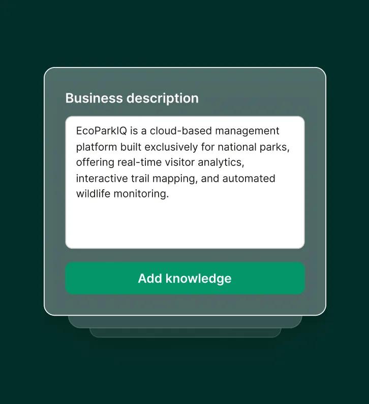 A business description is entered into a knowledge panel to inform virtual receptionists, showcasing an answering service for SaaS companies.