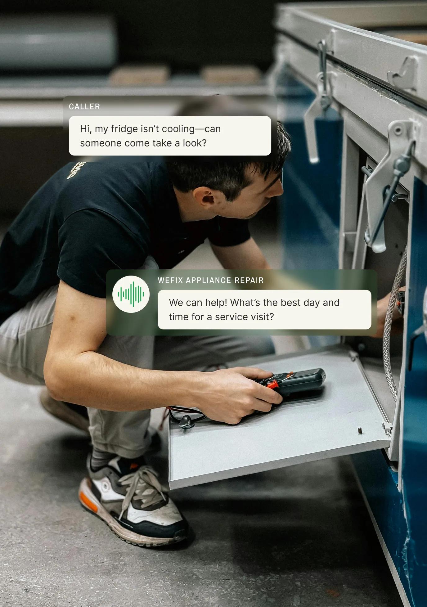 Technician repairing an appliance with message bubbles showing a customer inquiry and a quick response from an appliance repair answering service.