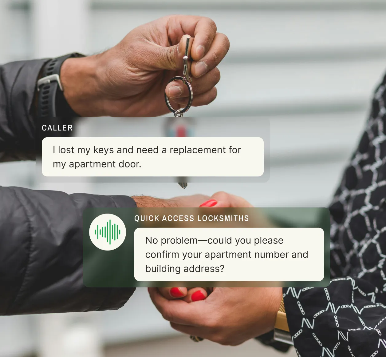 A caller requests a replacement key for their apartment, and a locksmith answering service asks for their apartment number and building address.