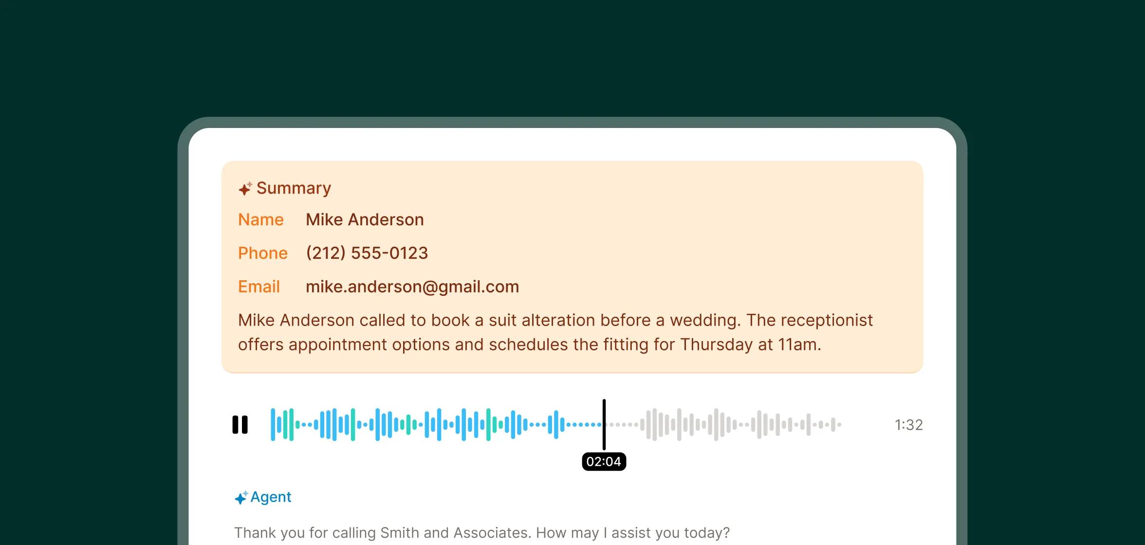 A tailor shop call answering service interface displays a highlighted summary card listing Mike Anderson’s contact info and a one‑sentence recap above the call waveform.