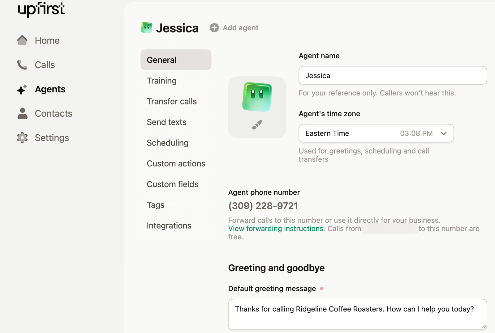 Upfirst Agents page showing the agent's phone number and greeting