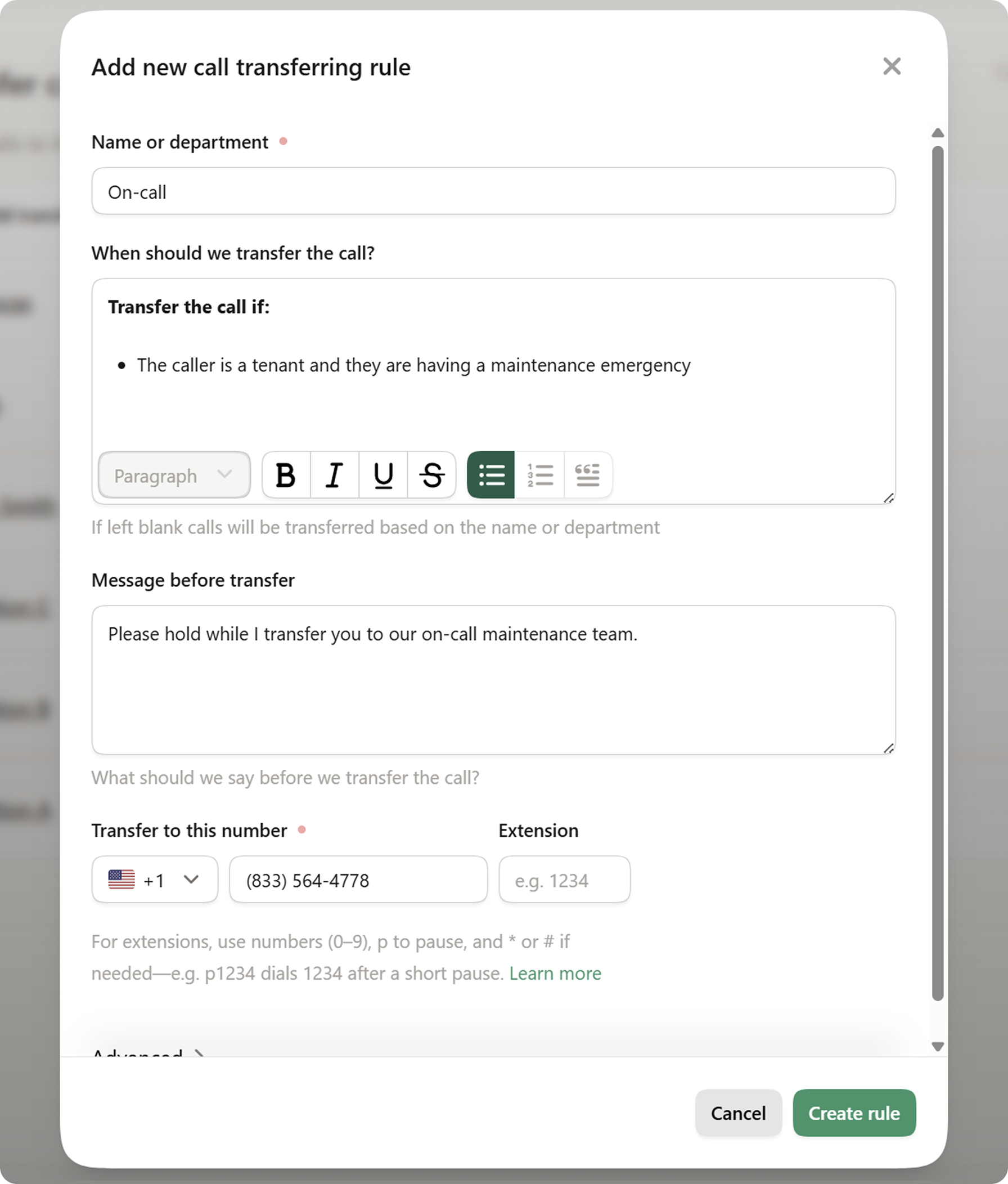 How to emergency maintenance call routing for maintenance requests by setting up call transfer rules with an AI receptionist.