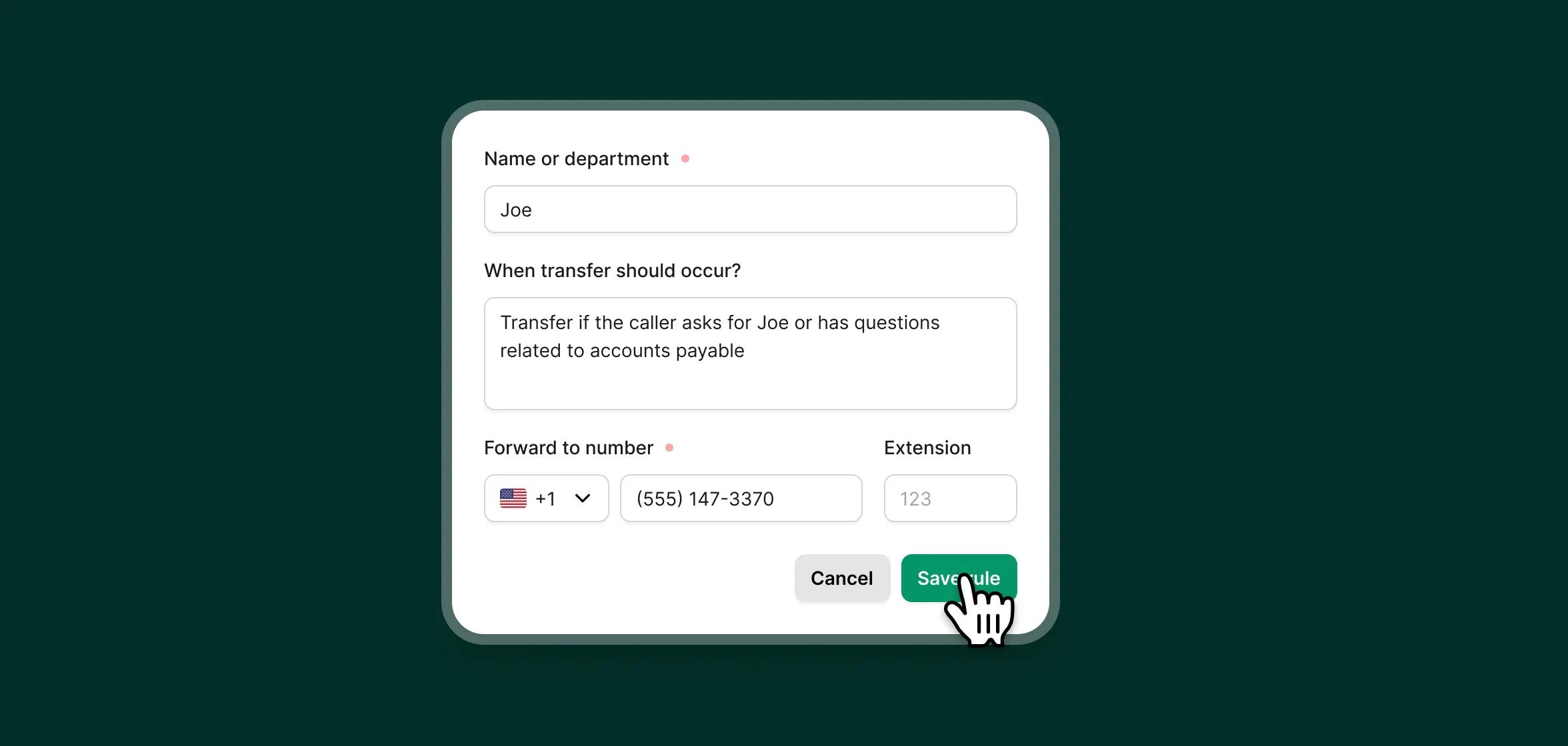 Upfirst AI receptionist setup screen showing how a real estate agent can add info about showing availability and buyer/seller services.