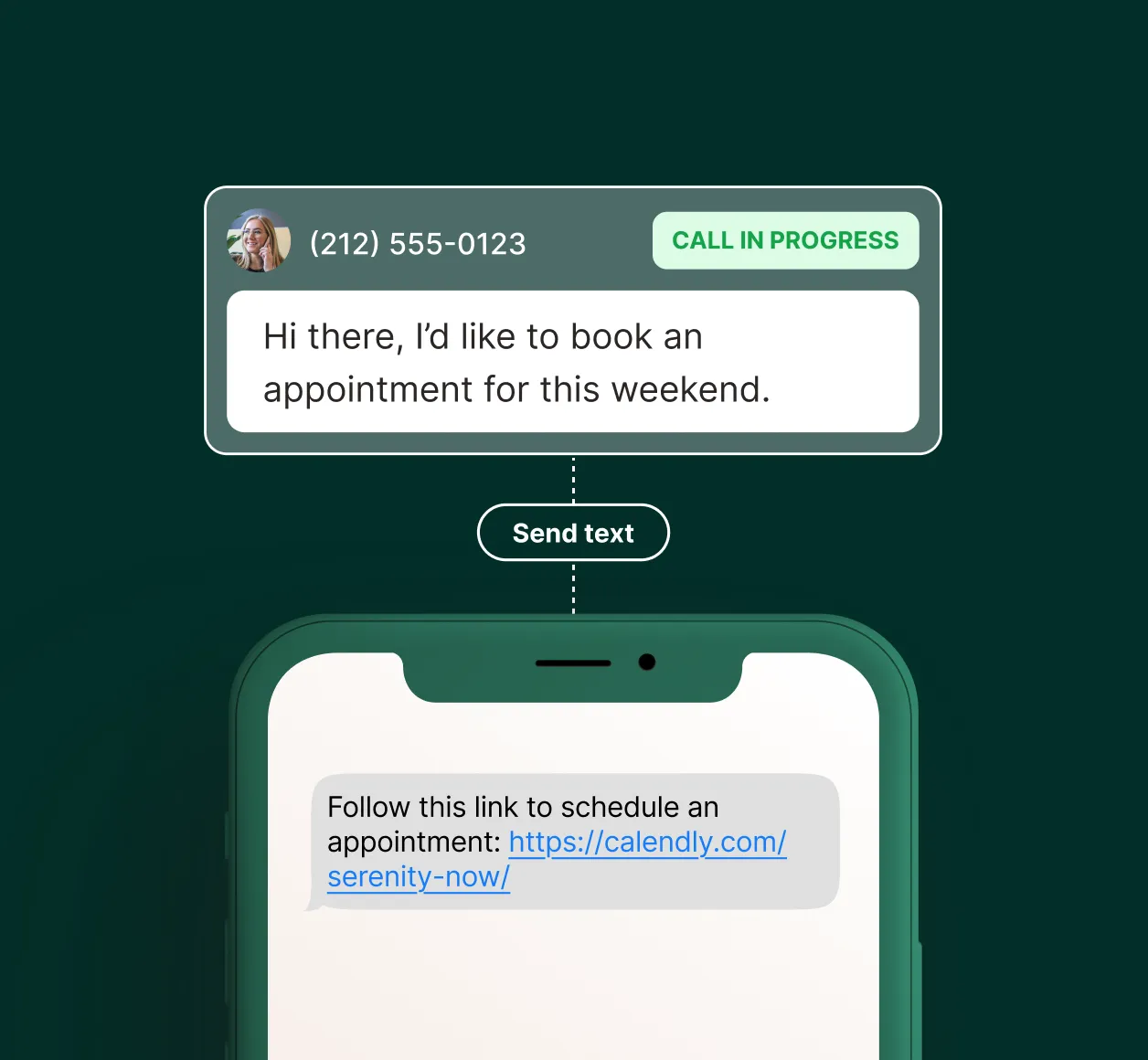 A massage answering service sends a text with a scheduling link to a caller who wants to book an appointment.