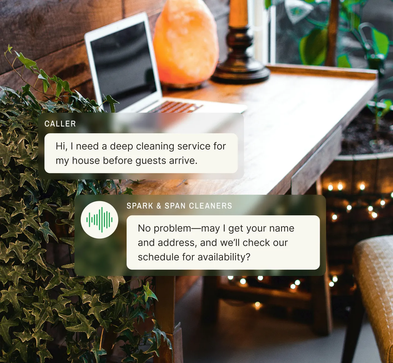 A cozy home office with warm lighting and plants, as an AI calling agent schedules a deep cleaning service, demonstrating the AI voice agent’s role in managing home service bookings.