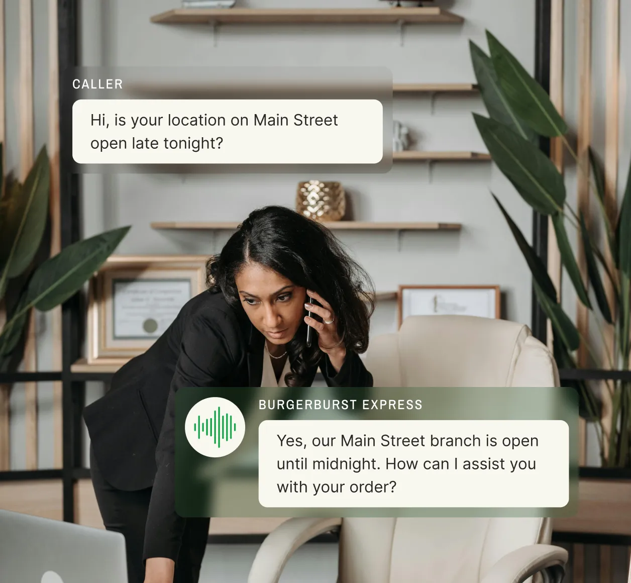 A businesswoman on the phone in an office represents how franchise phone systems handle late-hour customer inquiries efficiently.