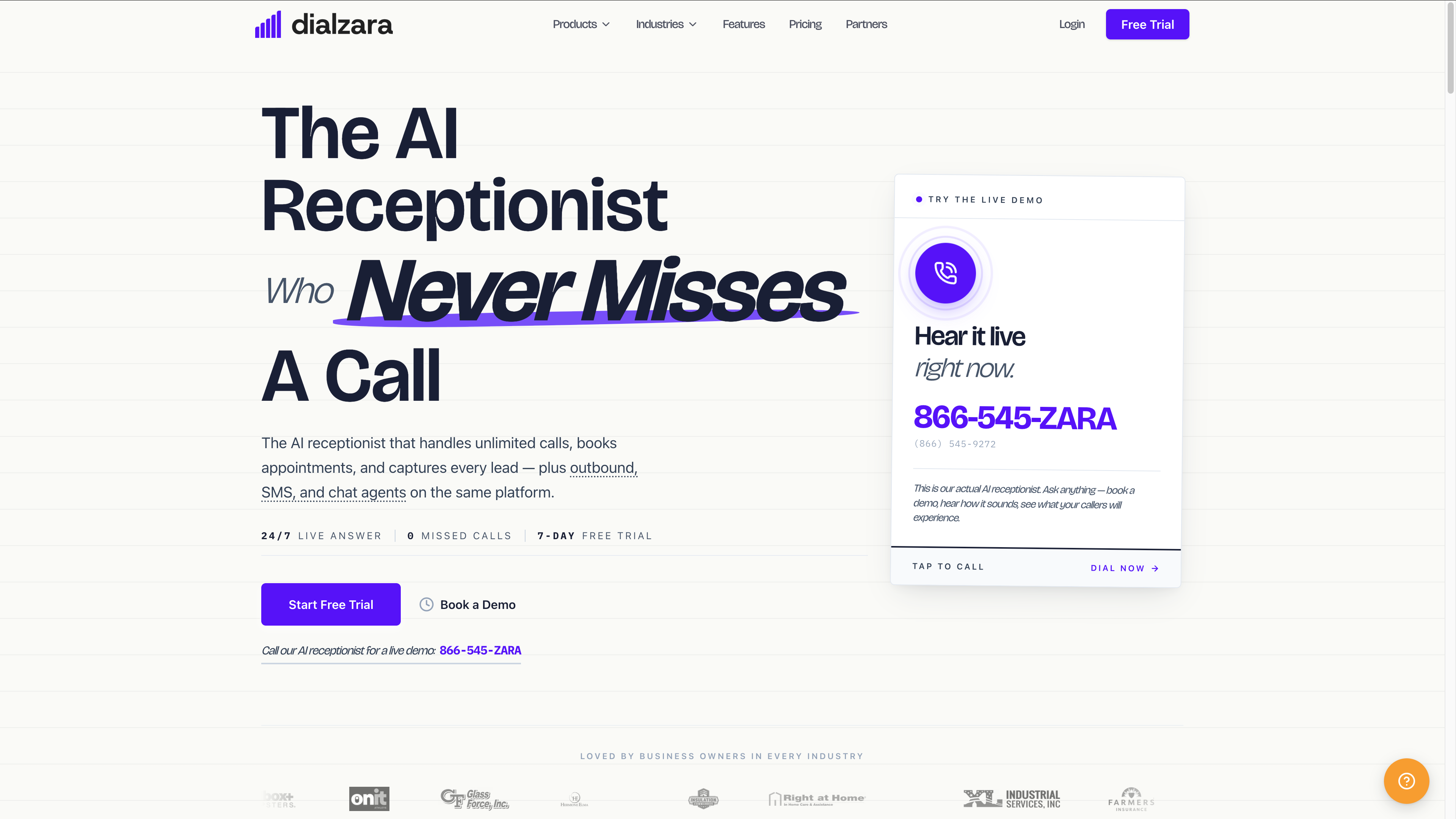 Dialzara AI receptionist homepage