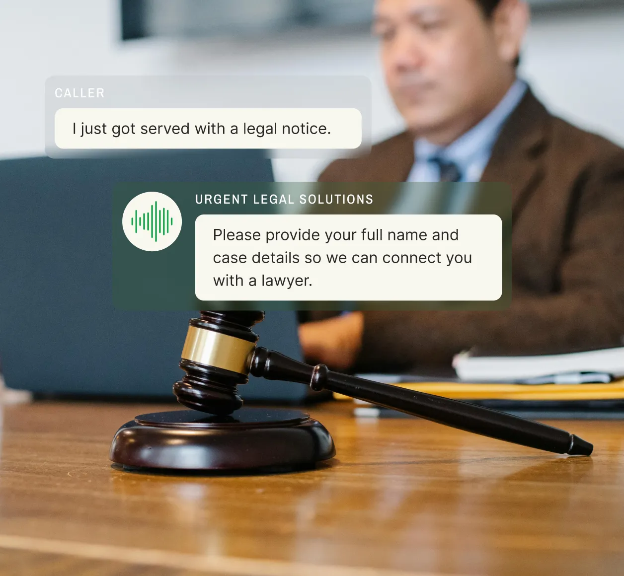 A legal professional reviews documents as a dispatch call center agent responds to a caller who received a legal notice, requesting case details to connect them with a lawyer.