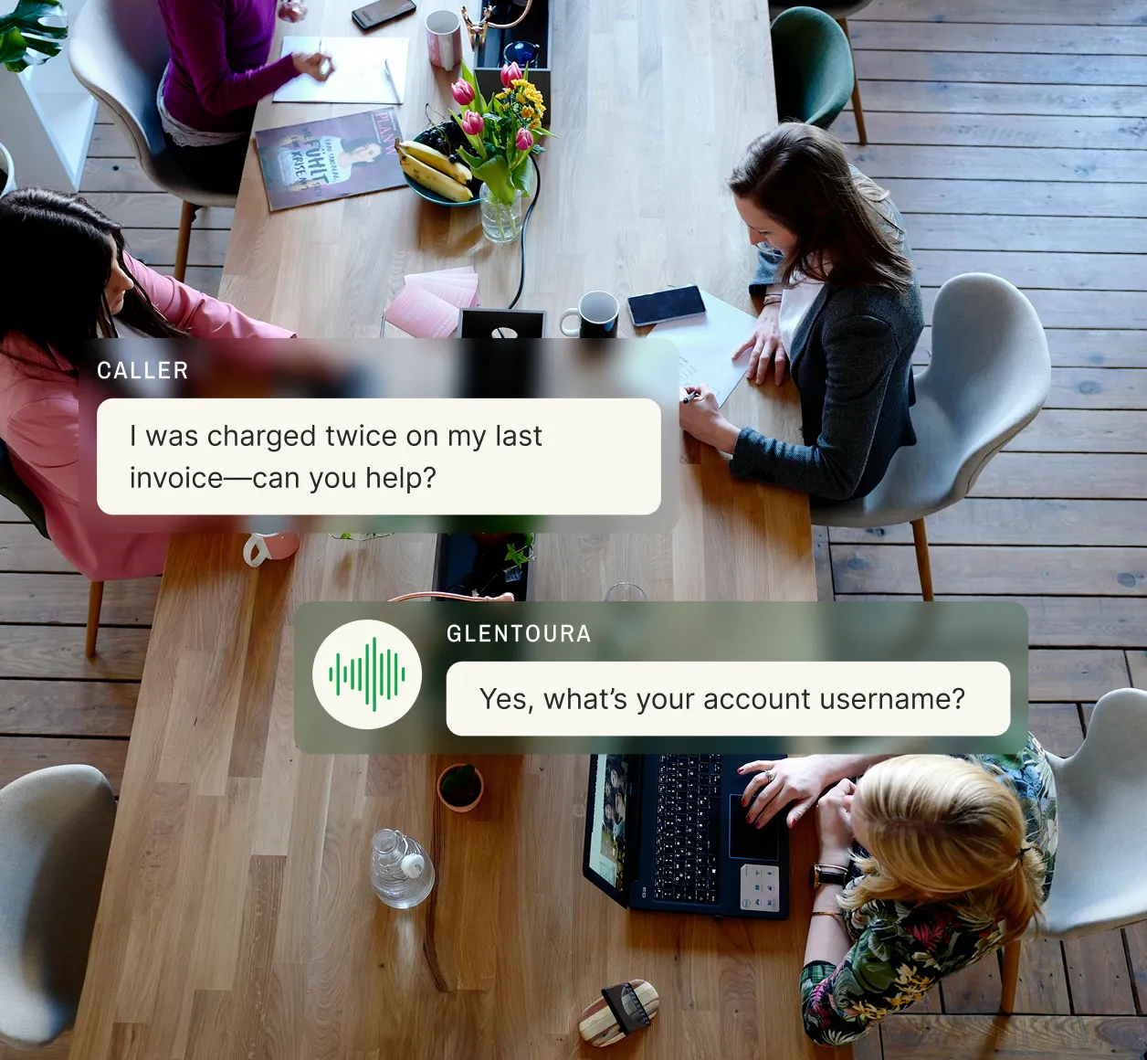 A caller reports being charged twice on their invoice while a virtual receptionist requests the account username, showcasing an answering service for SaaS companies.