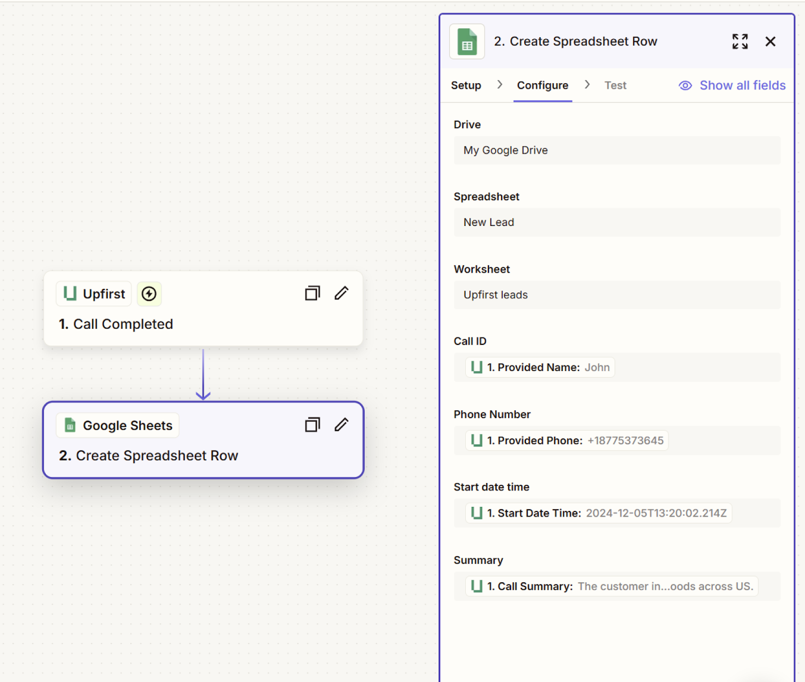A Zap workflow mapping AI call details (name, phone, time, summary) into a Google Sheets row to automate phone calls with AI and Zapier.
