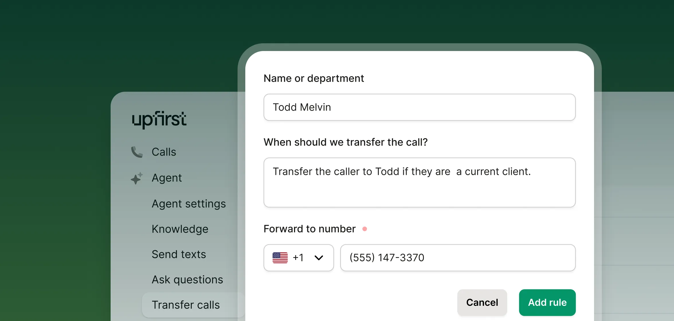A call routing form displays options for transferring callers to a specific team member using a public relations answering service.