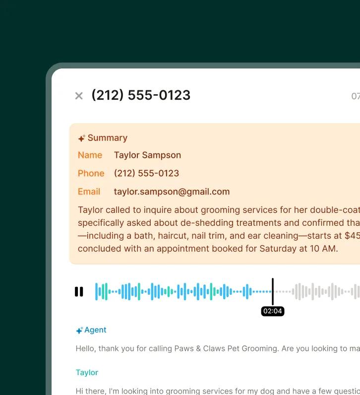 A prompt phone system shows a call transcription and summary including the caller’s info and appointment details.