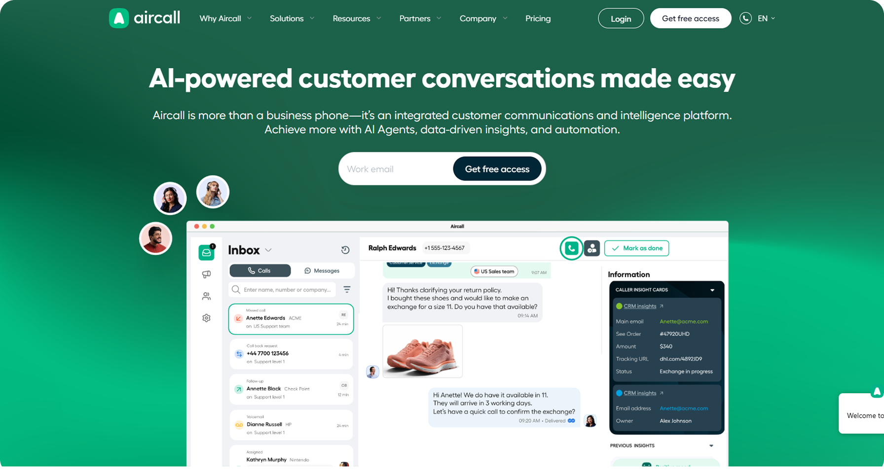 Aircall, one of the top IVR systems for analytics, showing its shared inbox, caller insight cards, and CRM integration on its homepage.
