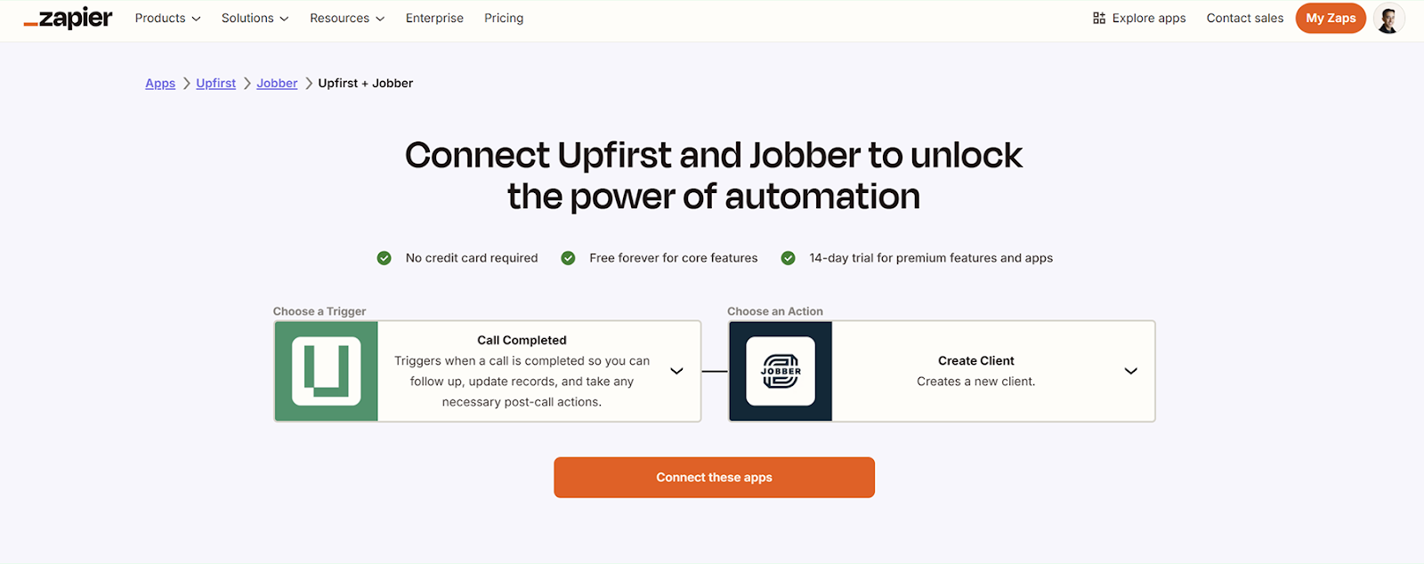 A Zapier interface showing Upfirst’s “Call Completed” trigger connected to Jobber’s “Create Client” action for automating phone calls with AI and Zapier.