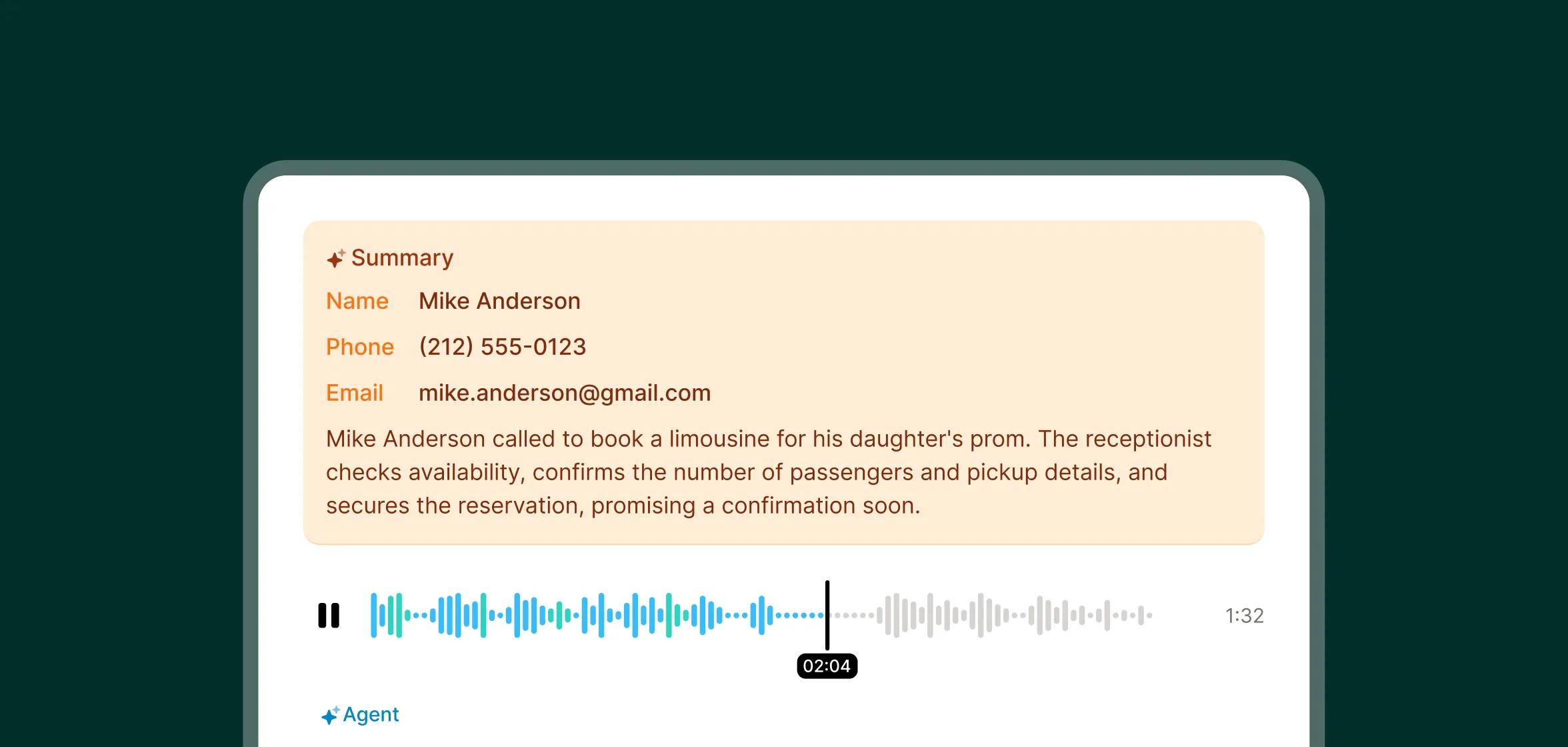 A call summary and audio transcript display a customer booking a limousine for prom night handled by the limousine answering service.