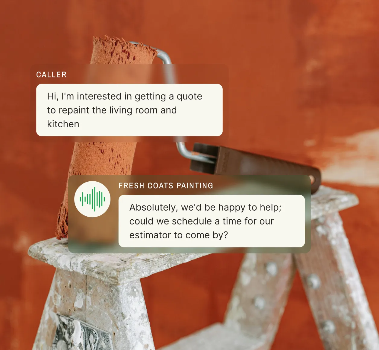 A painter arranging a quote for repainting a living room and kitchen, showcasing overflow call answering services.