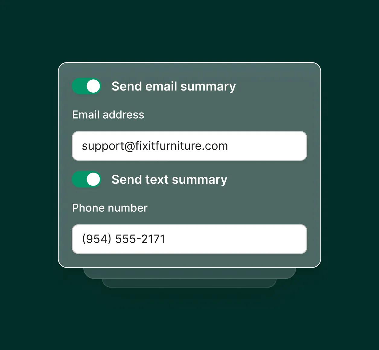 A settings screen shows email and text summary notifications being enabled within a furniture repair answering service.
