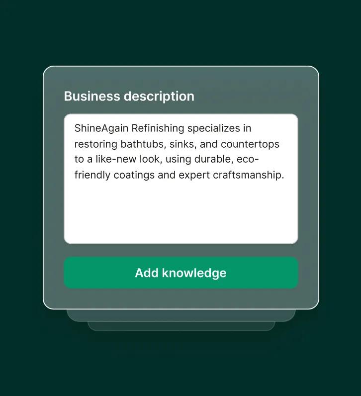 Refinishing company answering service business description setup screen for bathtub and countertop restoration services.