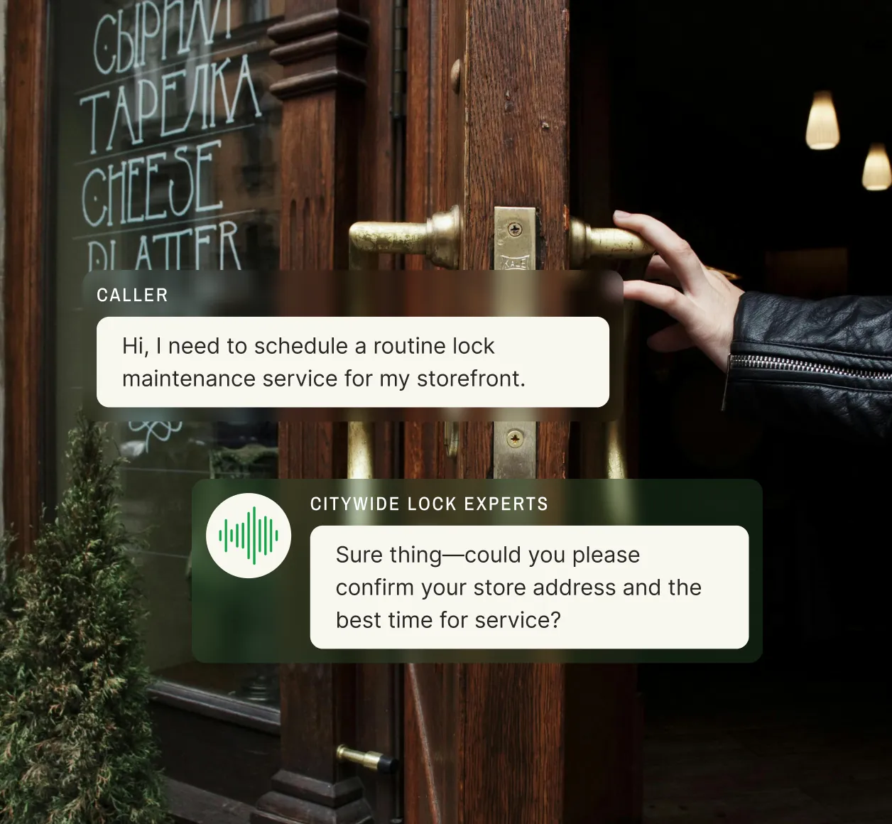 A business owner requests lock maintenance, and a locksmith call center schedules the service.