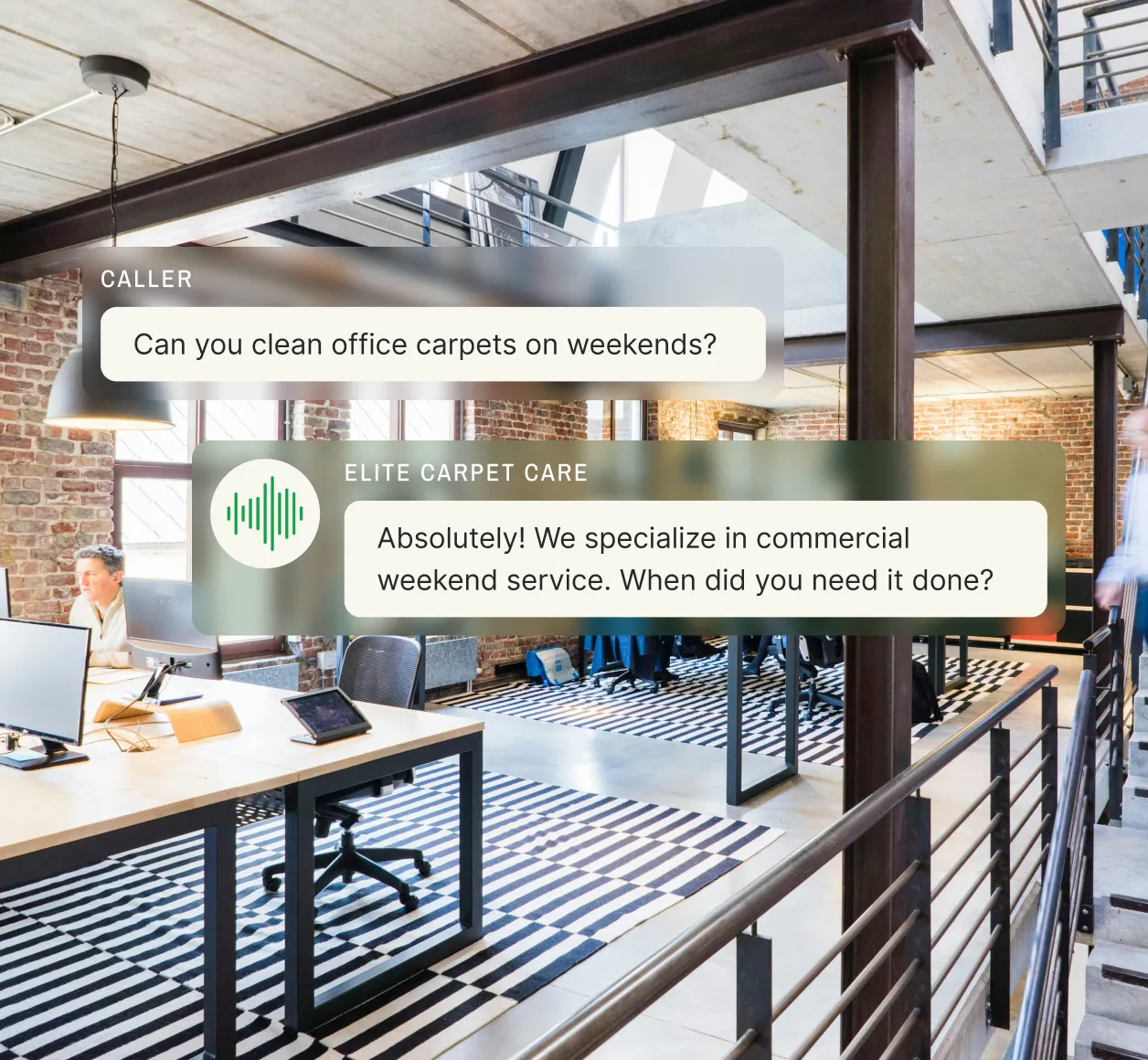 Modern office space with striped carpet and chat overlay showing answering service coordinating weekend commercial carpet cleaning