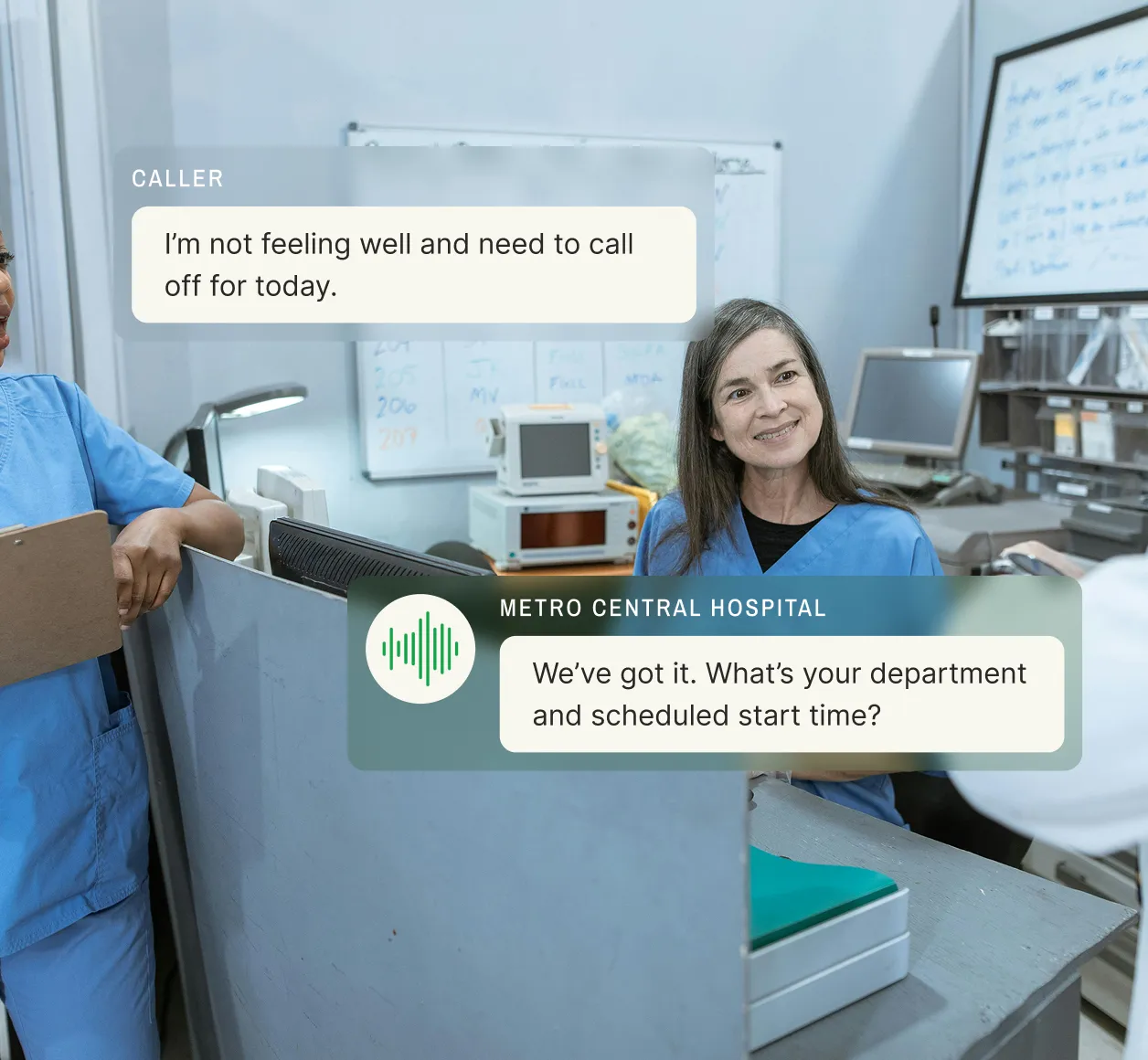 A nurse notifies her hospital through a call out number to report illness using an employee call-off hotline system.