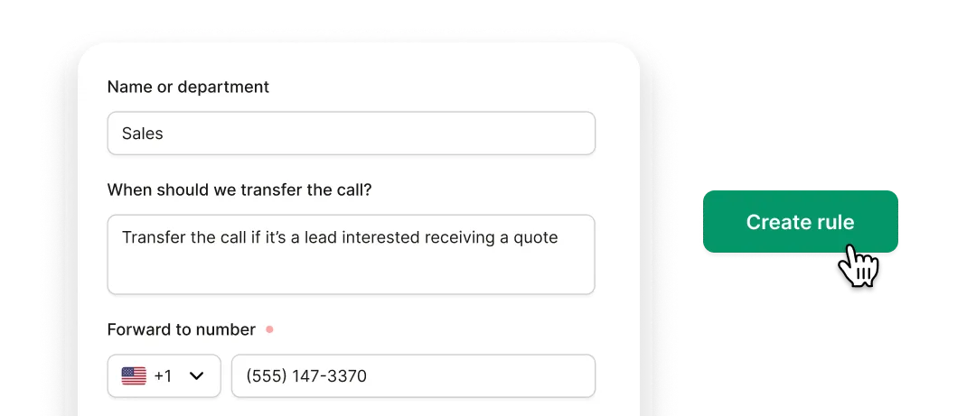 Interface for setting call transfer rules in an AI receptionist, showing options to forward calls to sales department.