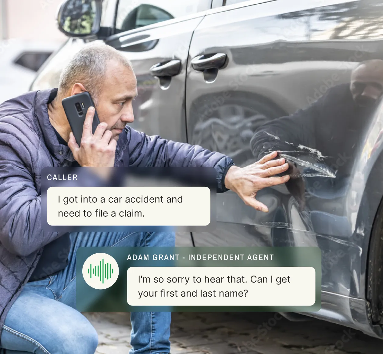 Insurance answering service agent assisting customer with car accident claim, demonstrating professional insurance agency answering service support during vehicle damage assessment