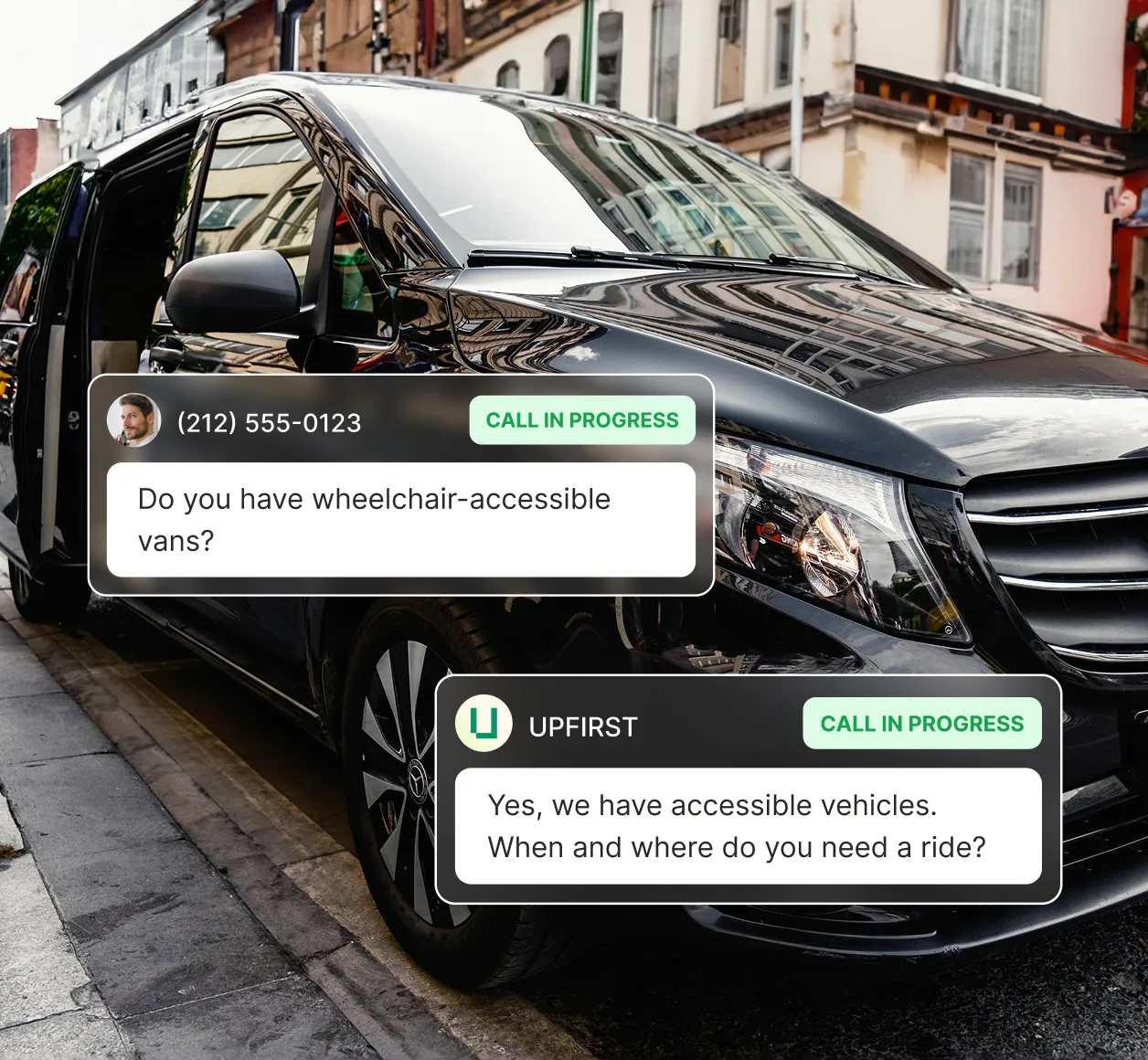A caller asks if wheelchair accessible vans are available and the transportation answering service responds by requesting the ride details.