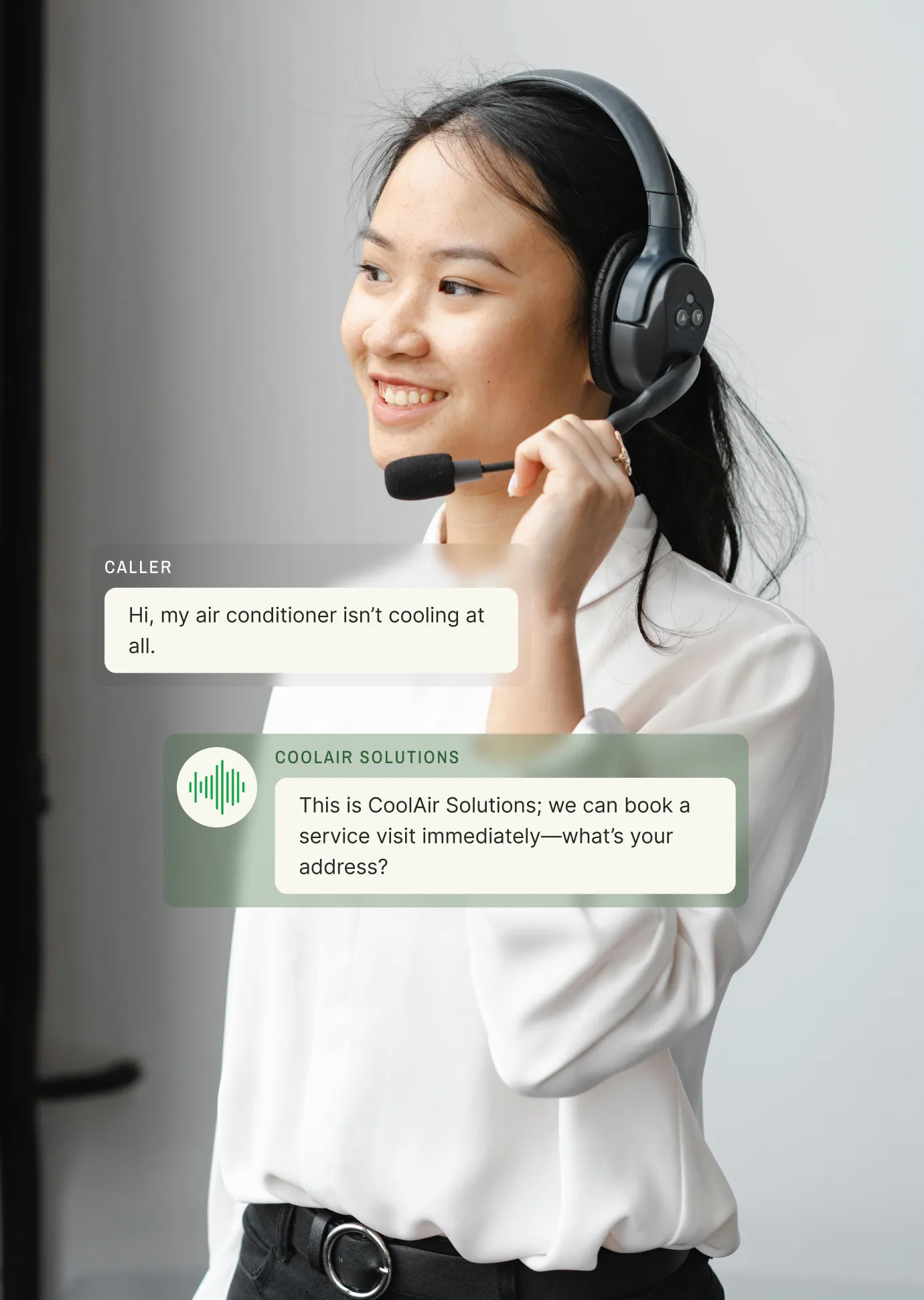A temporary receptionist service books an immediate service visit for a caller with a broken air conditioner.