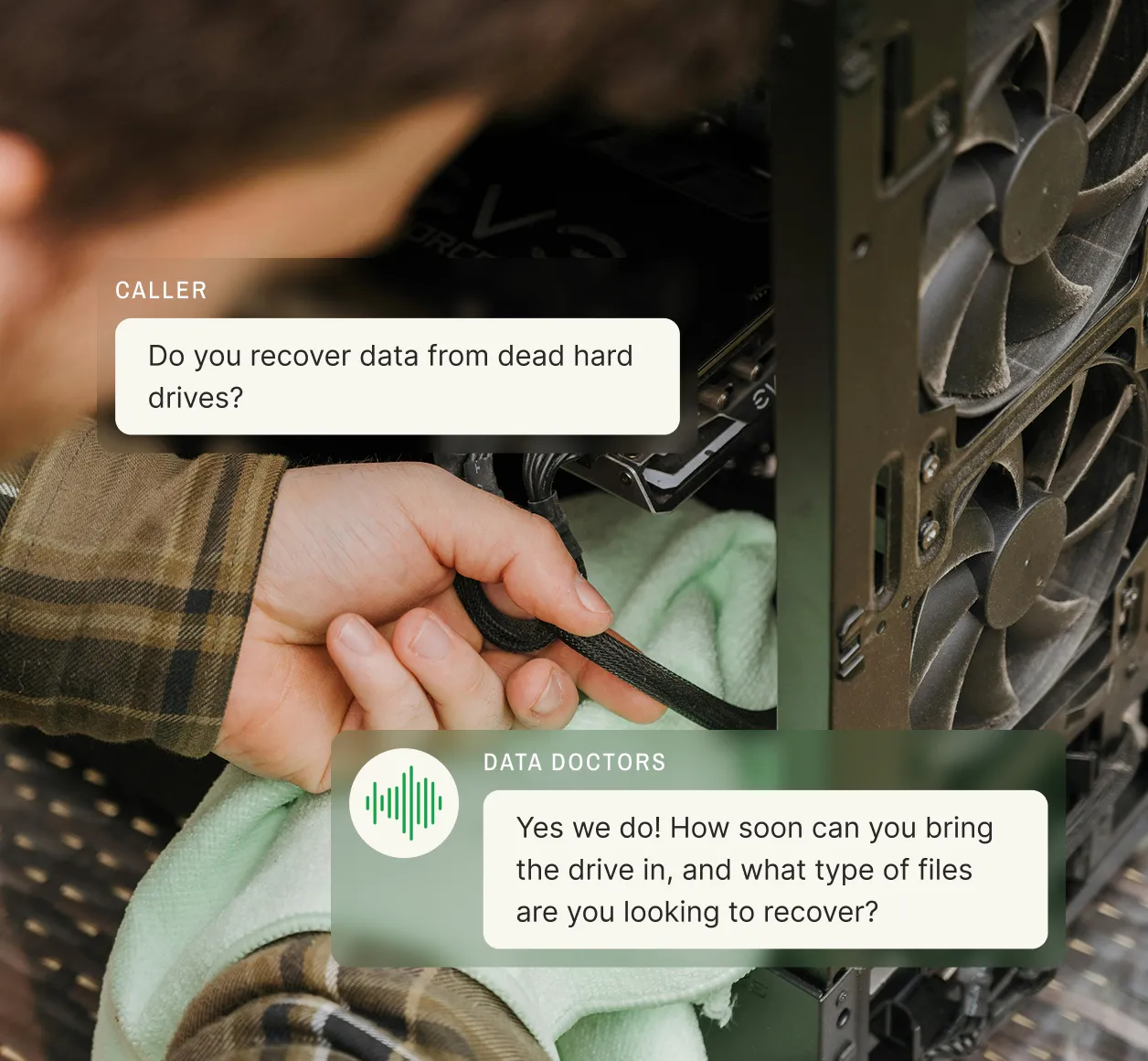 A caller asks if the service recovers data from a dead hard drive, and the answering service for computer repair responds with a follow-up about file type and timing.