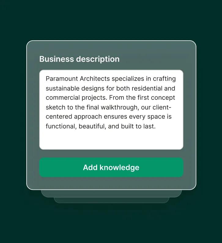 On-screen business description form capturing firm specialties to inform an architect answering service.