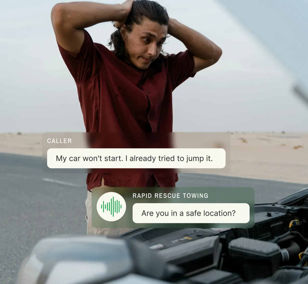 Towing company dispatcher responding to stranded driver with dead battery in desert location