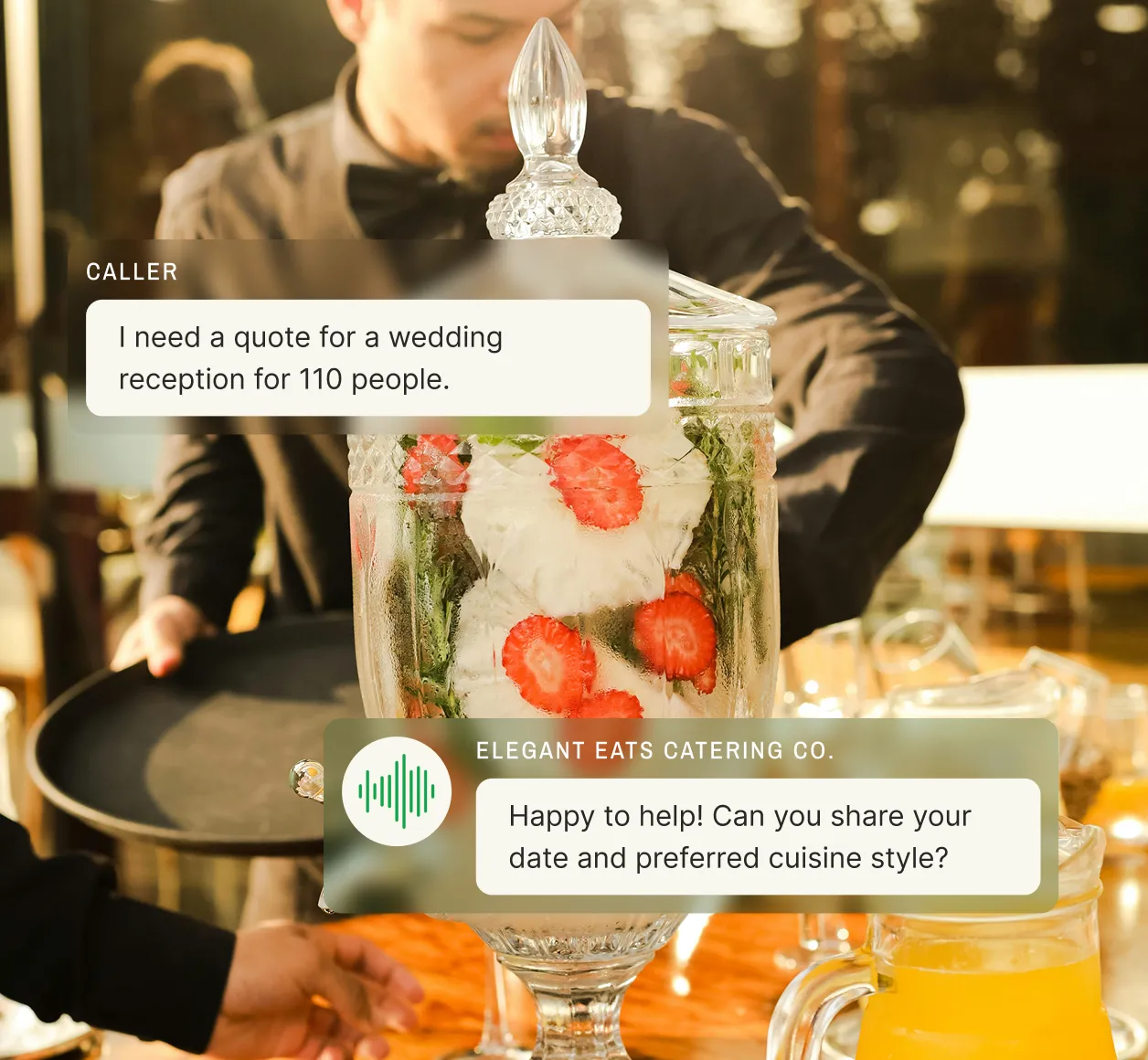 Caller requests a wedding reception quote and an answering service for catering companies asks for the event date and cuisine style.