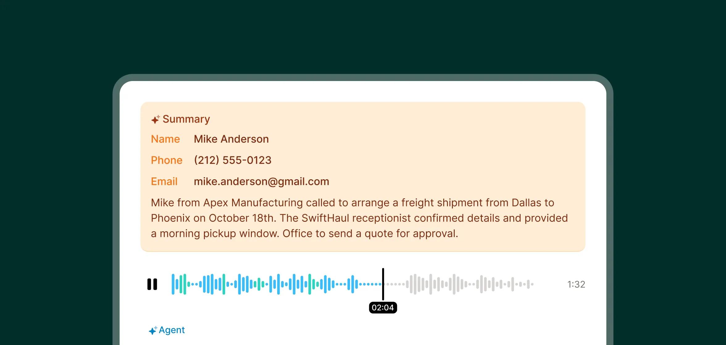A call summary displays customer details and a transcript of a shipment inquiry handled by a logistics answering service.