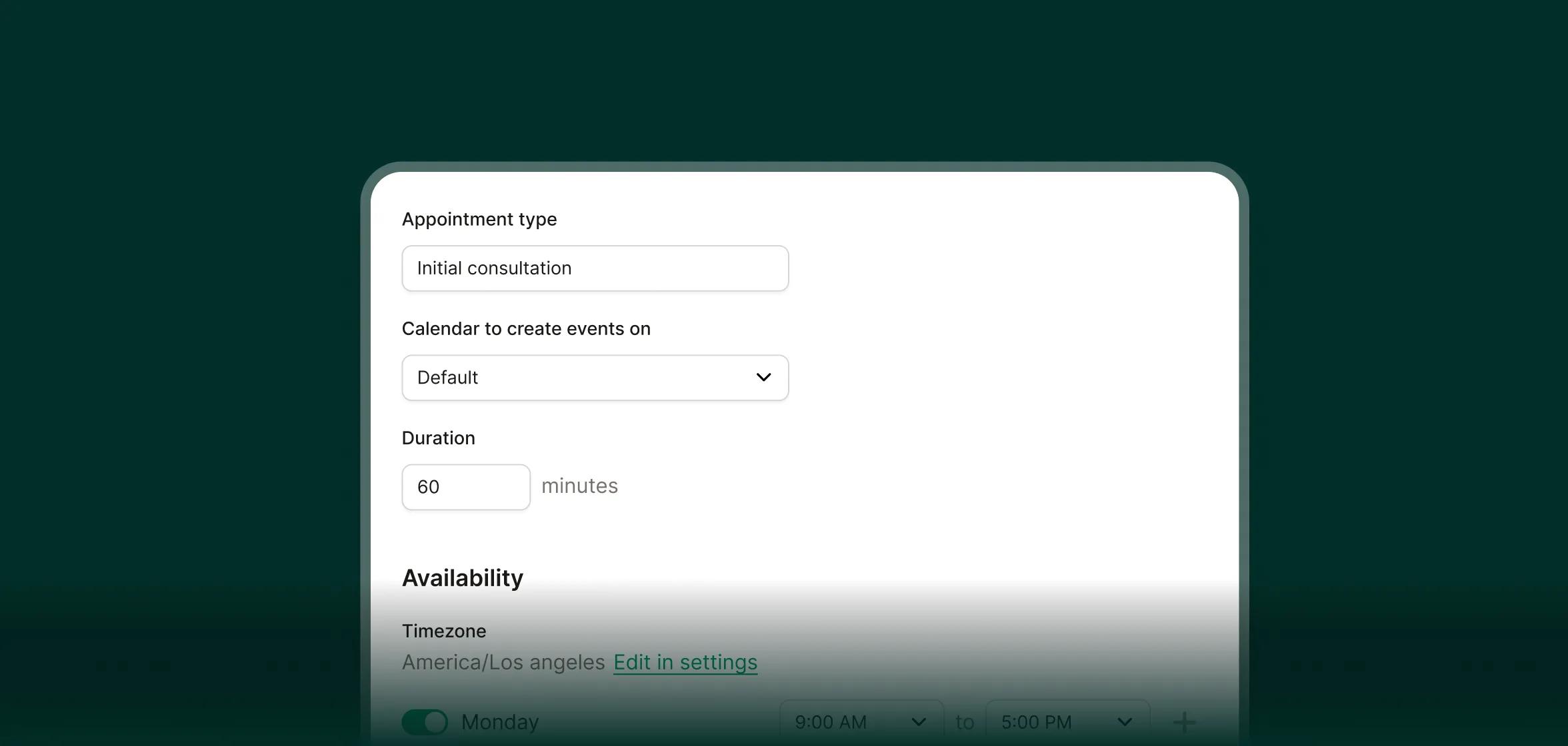 UI demonstrating the ability to set appointment types for a virtual receptionist