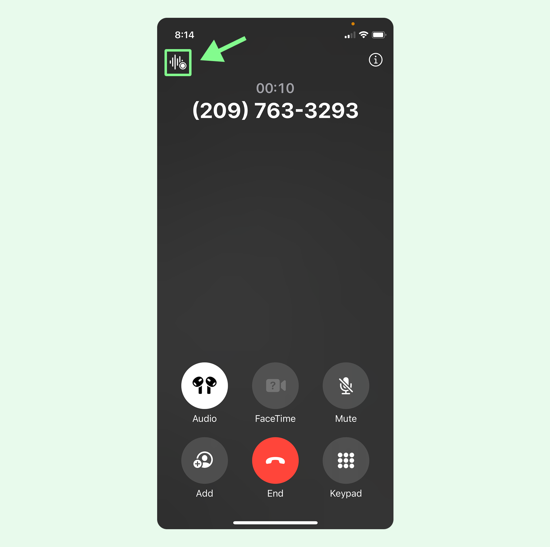 An iPhone call screen with an active call recording button for phone call transcription.