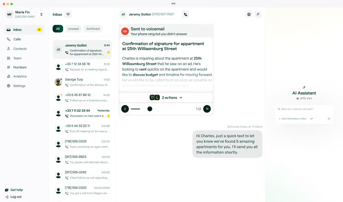 Screenshot of Allo AI answering service