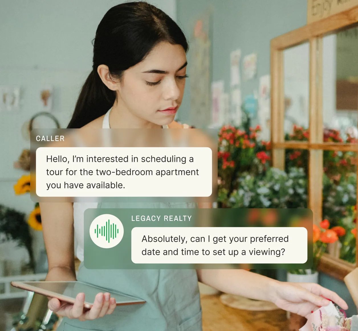 A leasing agent at a small business call center schedules a tour for an interested apartment renter.